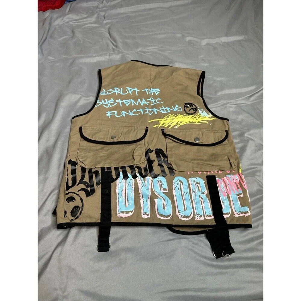 BATTLE VEST & SHORTS DYSORDER PAINTED 8 POCKETS‎ ZIP UP FRONT STRAPS BROWN!